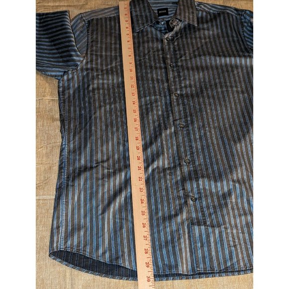 Hugo Boss Men's Large Gray Blue Button Up Long Sleeve Striped - Picture 4 of 5